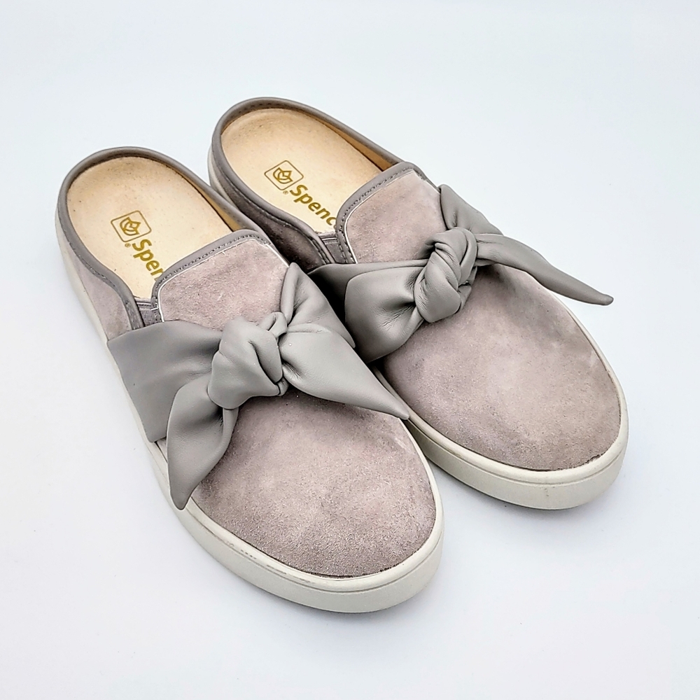 Spenco Suede Gray Bow Mule Slides